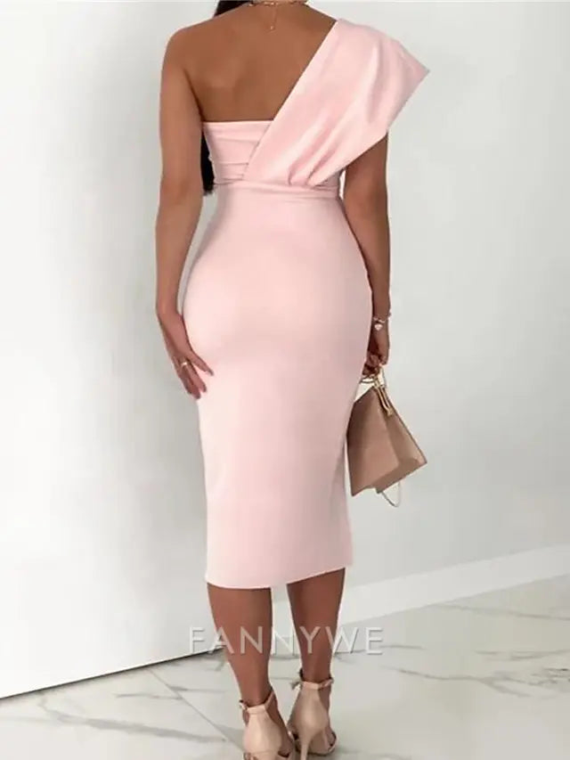 FannyWe Simple Sheath Cocktail Dresses Elegant Dress Wedding Guest Prom Tea Length Sleeveless One Shoulder Stretch Fabric with Slit Pure Color Strappy Dresses
