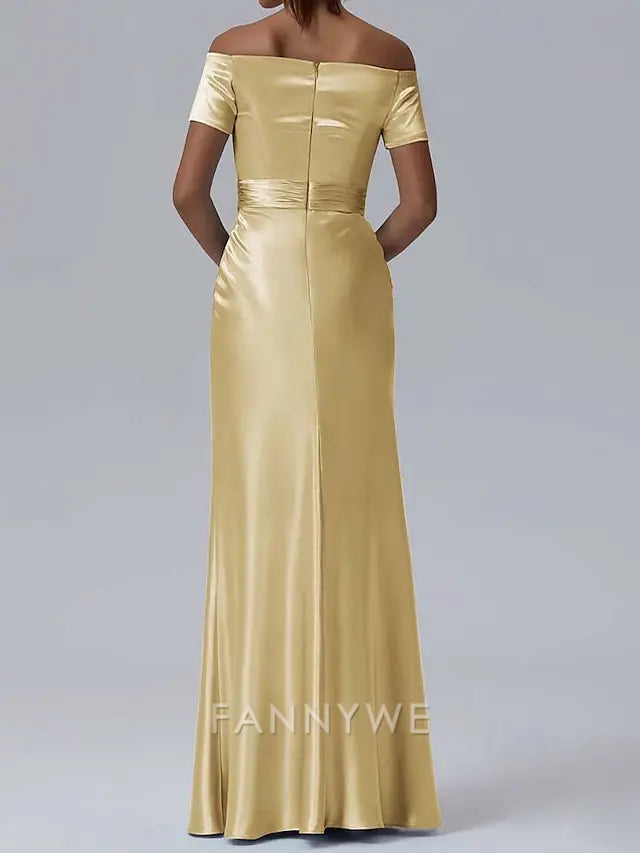 FannyWe Simple Sheath / Column Evening Gown Elegant Dress Formal Performance Floor Length Short Sleeve Off Shoulder Glossy Satin