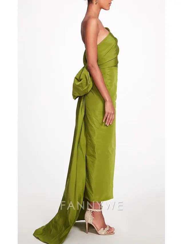 FannyWe Simple Sheath Evening Gown Elegant Dress Beach Wedding Formal Prom Sweep / Brush Train Sleeveless One Shoulder Taffeta Backless with Bow(s) Strappy Masquerade Dress