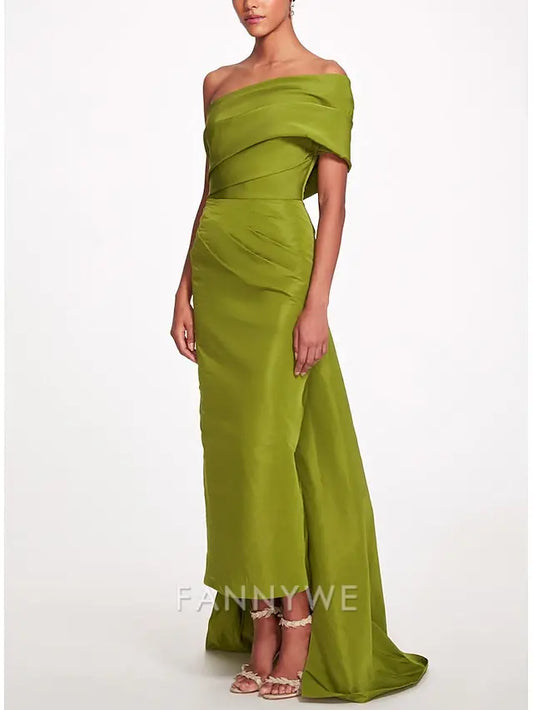 FannyWe Simple Sheath Evening Gown Elegant Dress Beach Wedding Formal Prom Sweep / Brush Train Sleeveless One Shoulder Taffeta Backless with Bow(s) Strappy Masquerade Dress