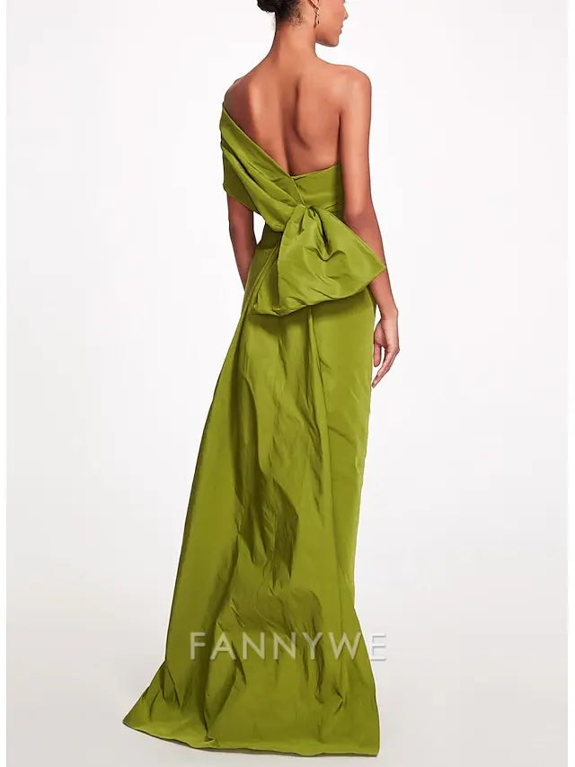FannyWe Simple Sheath Evening Gown Elegant Dress Beach Wedding Formal Prom Sweep / Brush Train Sleeveless One Shoulder Taffeta Backless with Bow(s) Strappy Masquerade Dress