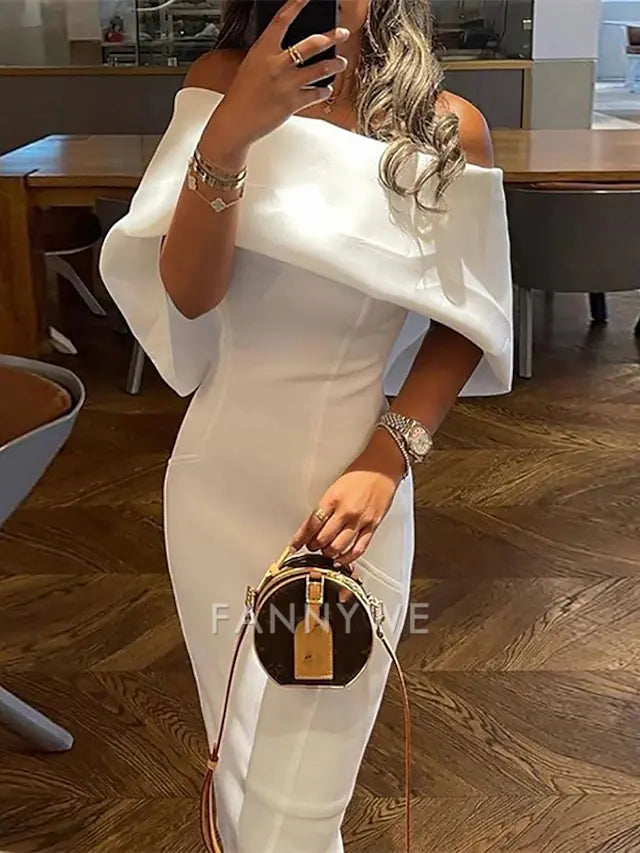 FannyWe Simple Sheath Prom Dresses Elegant Dress Wedding Guest Graduation Tea Length Half Sleeve Off Shoulder Stretch Fabric with Sleek Pure Color Dresses