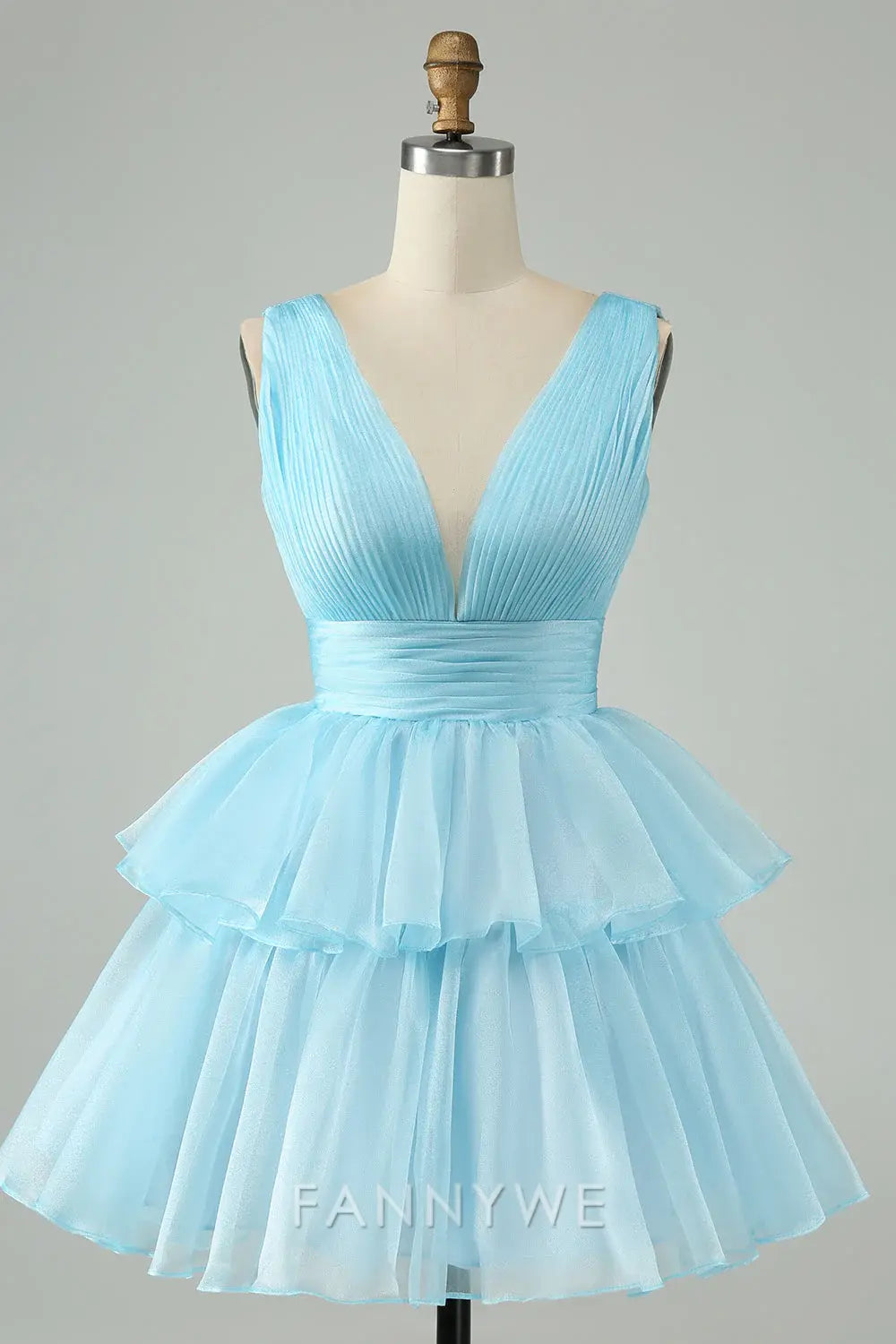 FannyWe Simple Sky Blue A Line V Neck Pleated Tiered Short Homecoming Dress