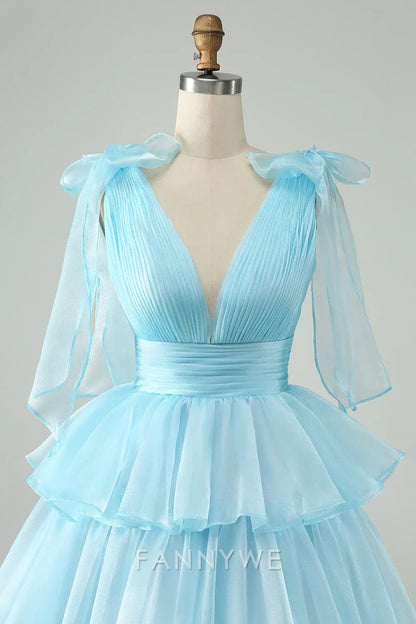 FannyWe Simple Sky Blue A Line V Neck Pleated Tiered Short Homecoming Dress