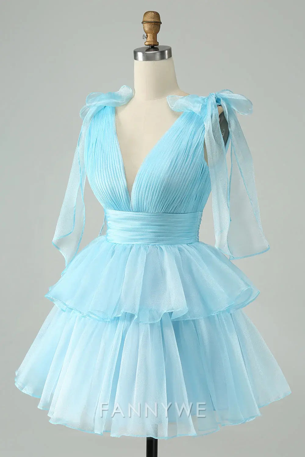 FannyWe Simple Sky Blue A Line V Neck Pleated Tiered Short Homecoming Dress