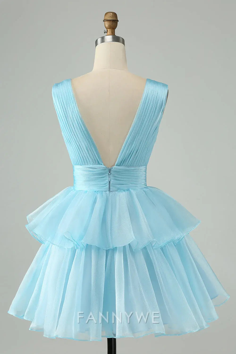 FannyWe Simple Sky Blue A Line V Neck Pleated Tiered Short Homecoming Dress