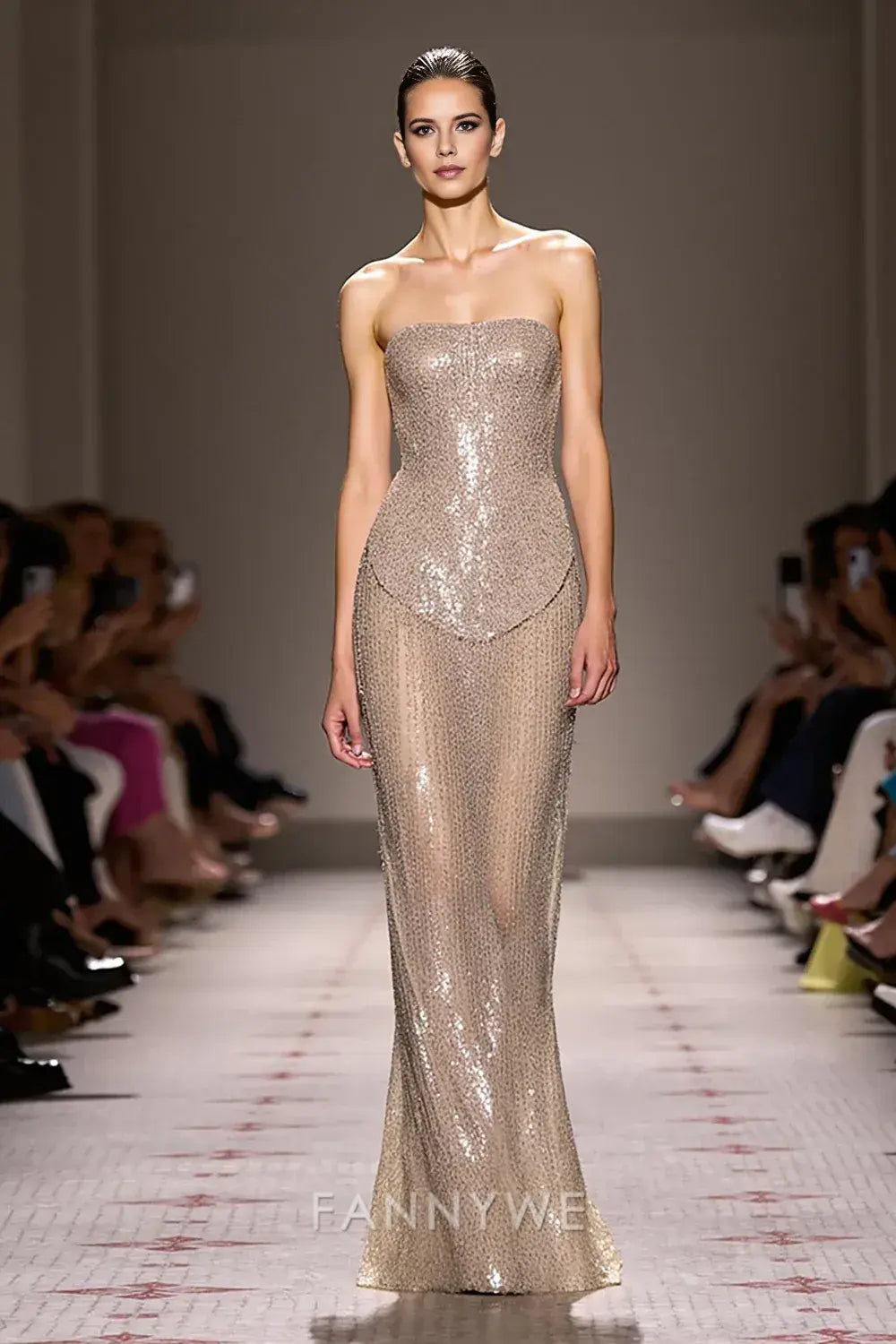 FannyWe Simple Sparkly Champagne Strapless Backless Long Sequin Evening Dress