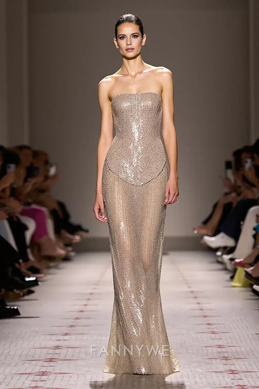 FannyWe Simple Sparkly Champagne Strapless Backless Long Sequin Evening Dress