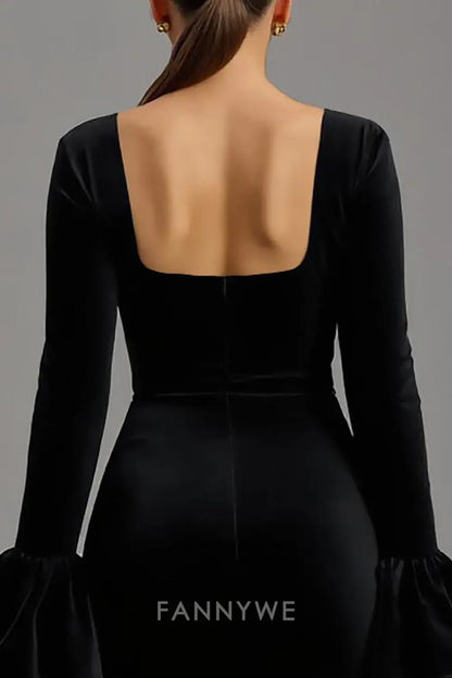 Vestido largo de fiesta FannyWe de terciopelo negro con escote cuadrado y mangas 