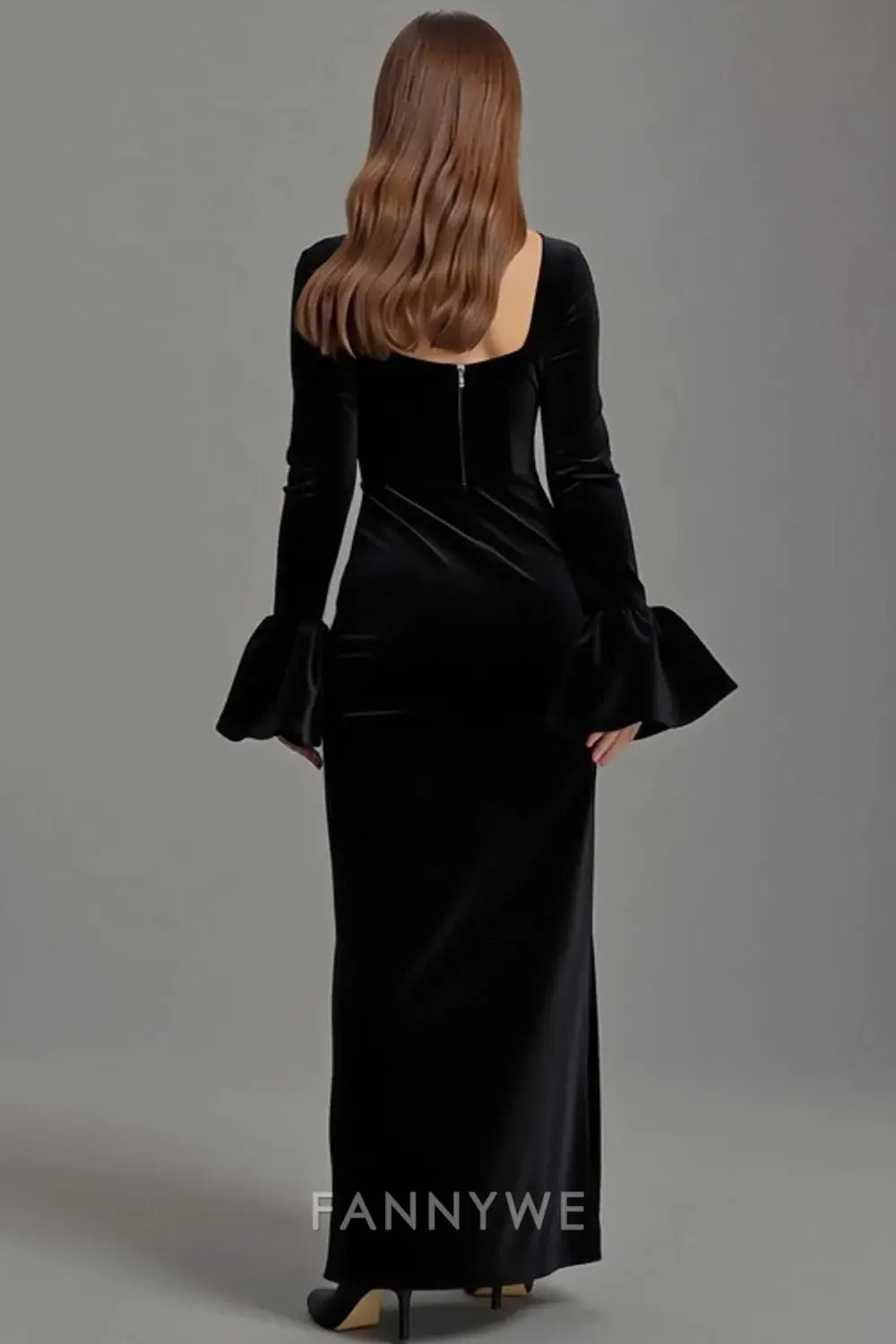 FannyWe Simple Velvet Black Square Neck Sheath Long Holiday Party Dress with Sleeves
