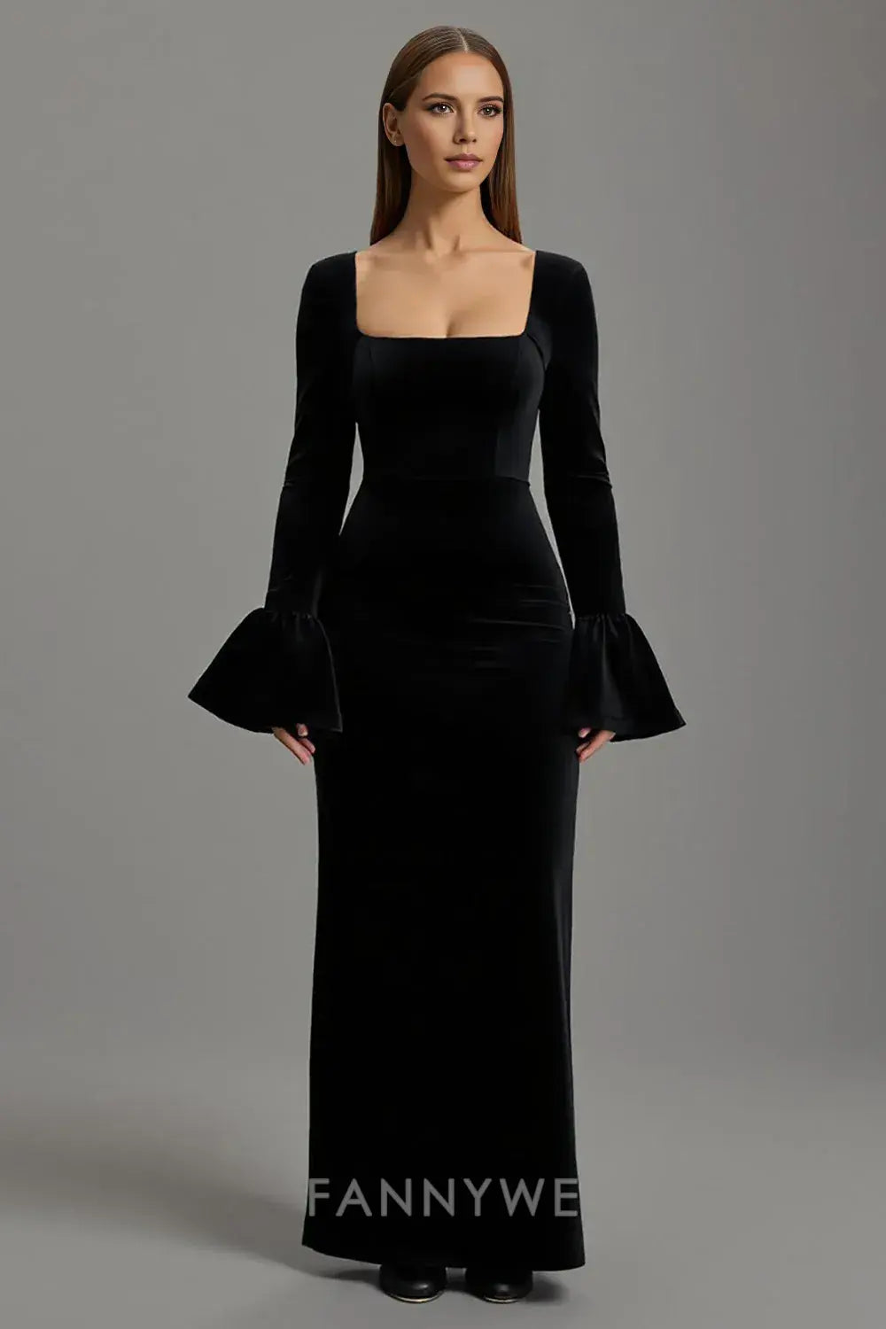 FannyWe Simple Velvet Black Square Neck Sheath Long Holiday Party Dress with Sleeves