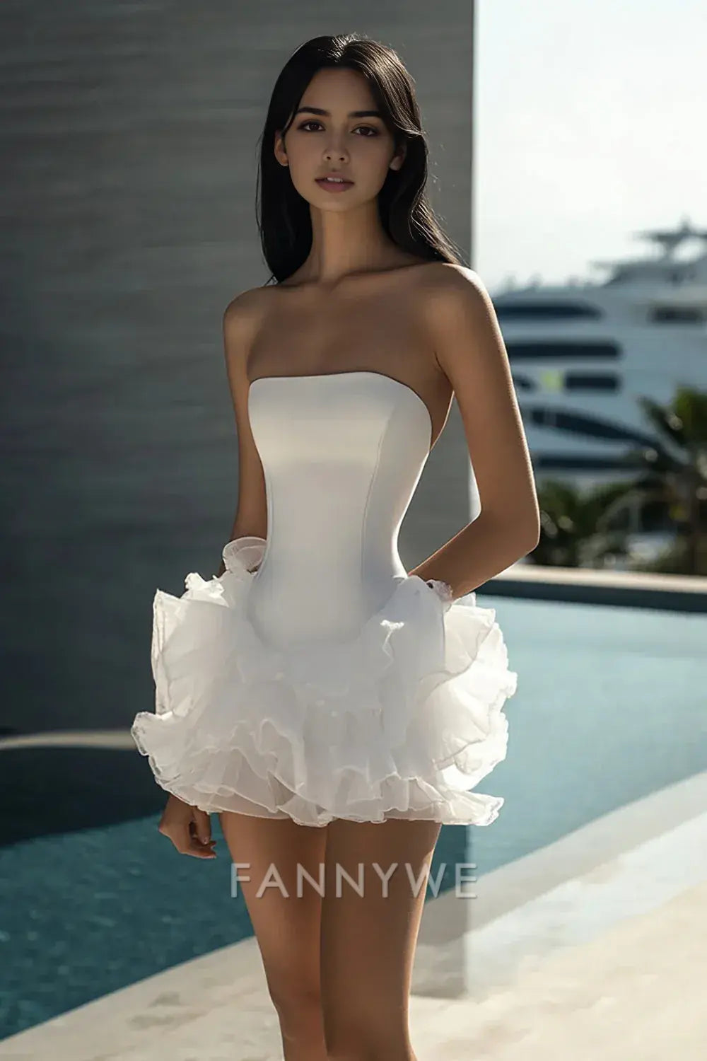 FannyWe Simple White A Line Strapless Short Satin Graduation Homecoming Dress with Ruffles
