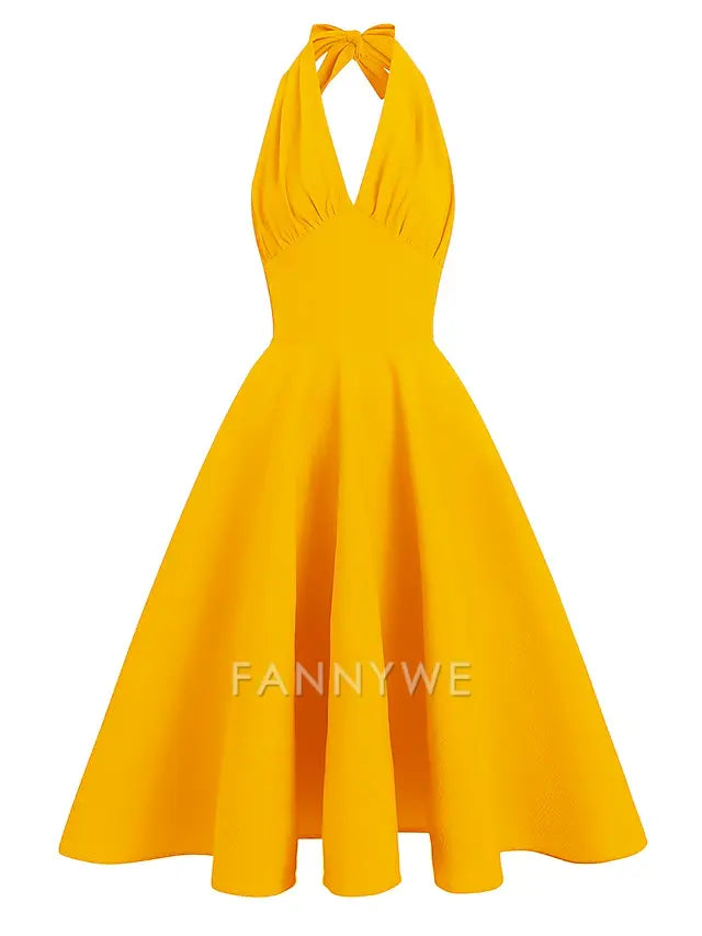FannyWe Simple Women's 1950s Audrey Hepburn Halter Swing Dress 100% Cotton Flare Dress Retro Vintage Dailywear Tea Party Casual Daily Sleeveless Fit & Flare Dress Christmas