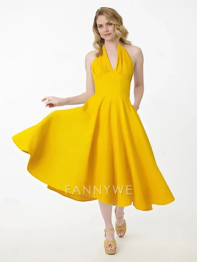 FannyWe Simple Women's 1950s Audrey Hepburn Halter Swing Dress 100% Cotton Flare Dress Retro Vintage Dailywear Tea Party Casual Daily Sleeveless Fit & Flare Dress Christmas
