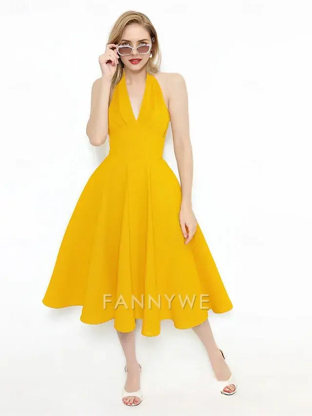 FannyWe Simple Women's 1950s Audrey Hepburn Halter Swing Dress 100% Cotton Flare Dress Retro Vintage Dailywear Tea Party Casual Daily Sleeveless Fit & Flare Dress Christmas