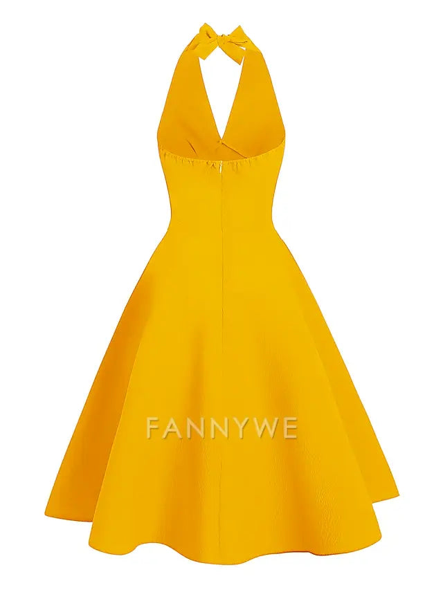 FannyWe Simple Women's 1950s Audrey Hepburn Halter Swing Dress 100% Cotton Flare Dress Retro Vintage Dailywear Tea Party Casual Daily Sleeveless Fit & Flare Dress Christmas