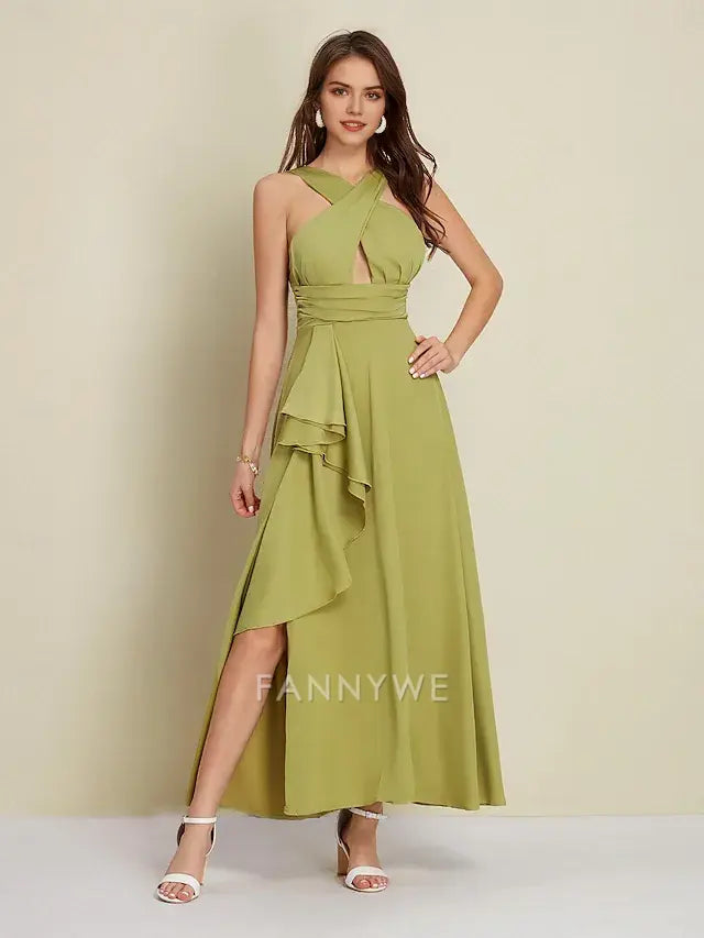 FannyWe Simple Women's Army Green Maxi Party/Wedding Guest /Cocktail Dress Satin Green Halter Neck Front Slit Cut-out Asymmetrical Ruffle dress to impress