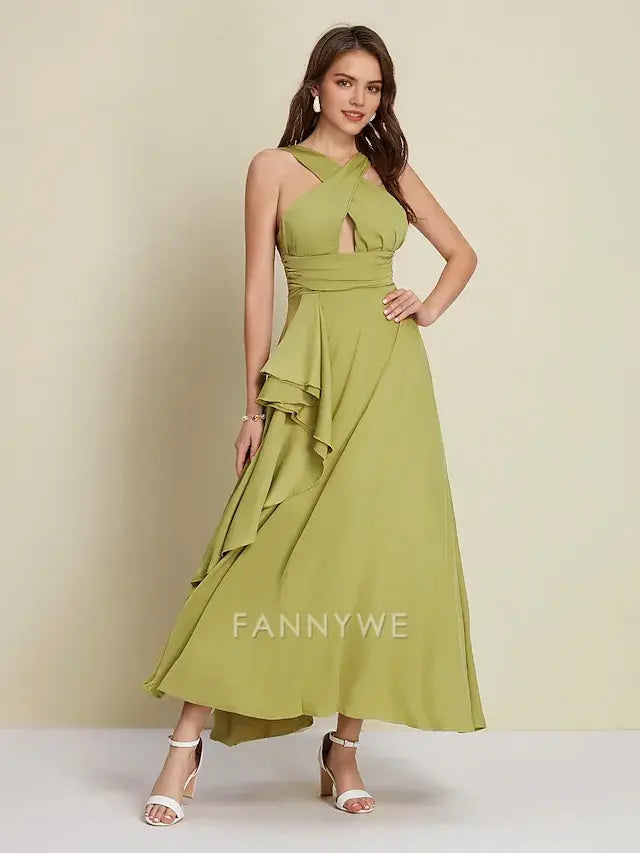 FannyWe Simple Women's Army Green Maxi Party/Wedding Guest /Cocktail Dress Satin Green Halter Neck Front Slit Cut-out Asymmetrical Ruffle dress to impress