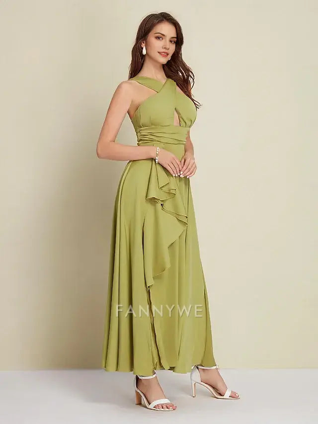 FannyWe Simple Women's Army Green Maxi Party/Wedding Guest /Cocktail Dress Satin Green Halter Neck Front Slit Cut-out Asymmetrical Ruffle dress to impress