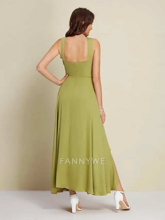 FannyWe Simple Women's Army Green Maxi Party/Wedding Guest /Cocktail Dress Satin Green Halter Neck Front Slit Cut-out Asymmetrical Ruffle dress to impress