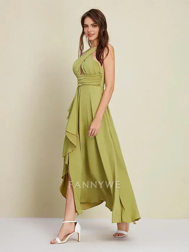 FannyWe Simple Women's Army Green Maxi Party/Wedding Guest /Cocktail Dress Satin Green Halter Neck Front Slit Cut-out Asymmetrical Ruffle dress to impress