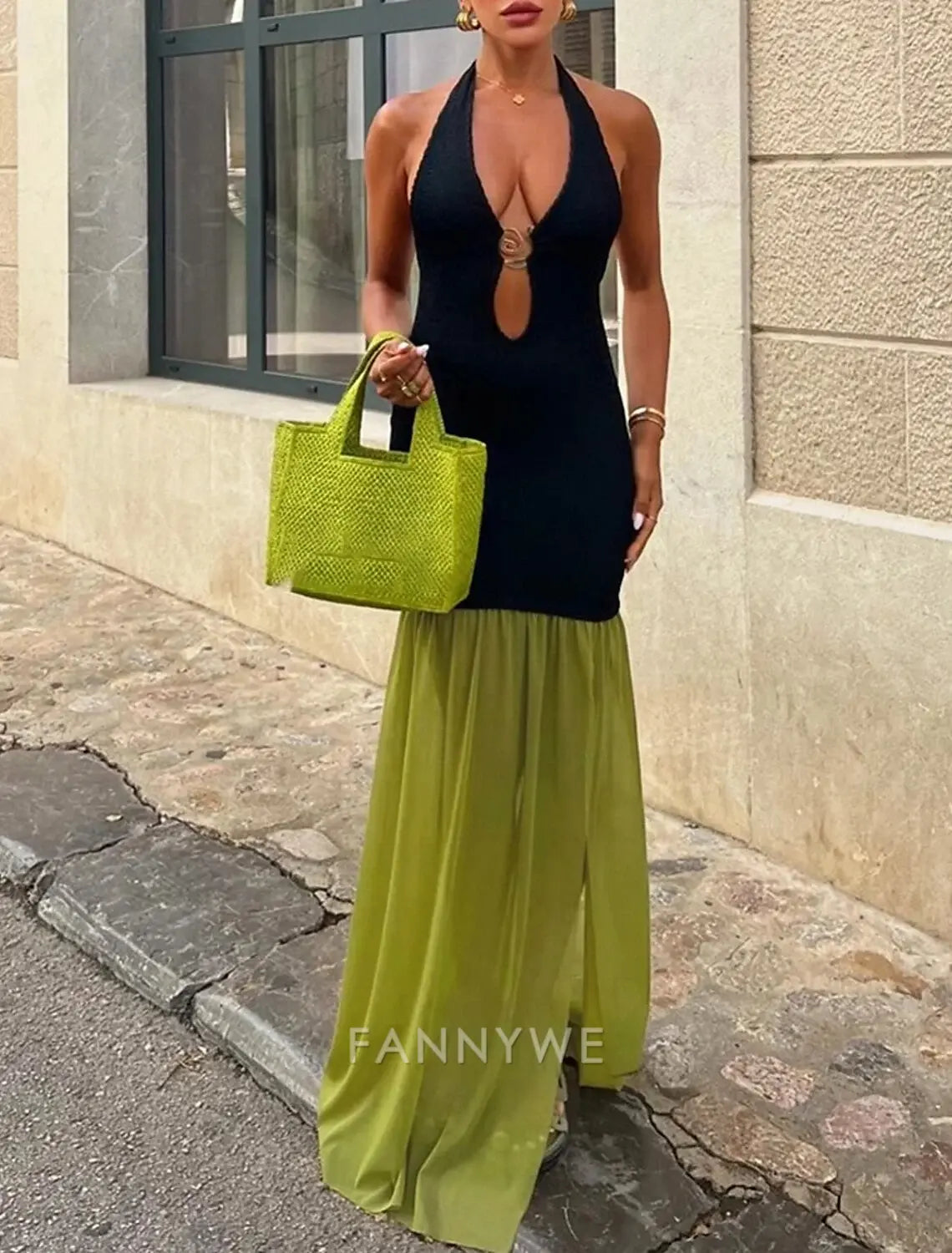 FannyWe Simple Women's Long Dress Maxi Dress Prom Dress Party Dress Fashion Party Special Occasion Evening Party Regular Fit Color Block Sleeveless Deep V Black Brown Summer