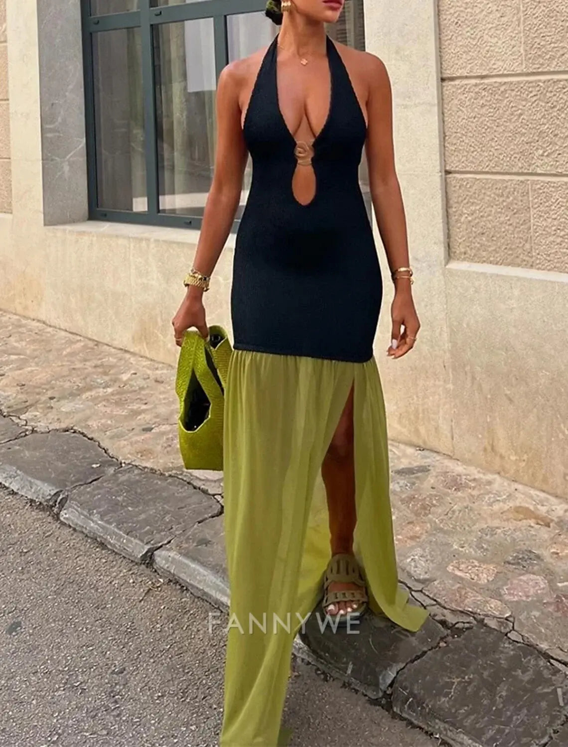 FannyWe Simple Women's Long Dress Maxi Dress Prom Dress Party Dress Fashion Party Special Occasion Evening Party Regular Fit Color Block Sleeveless Deep V Black Brown Summer