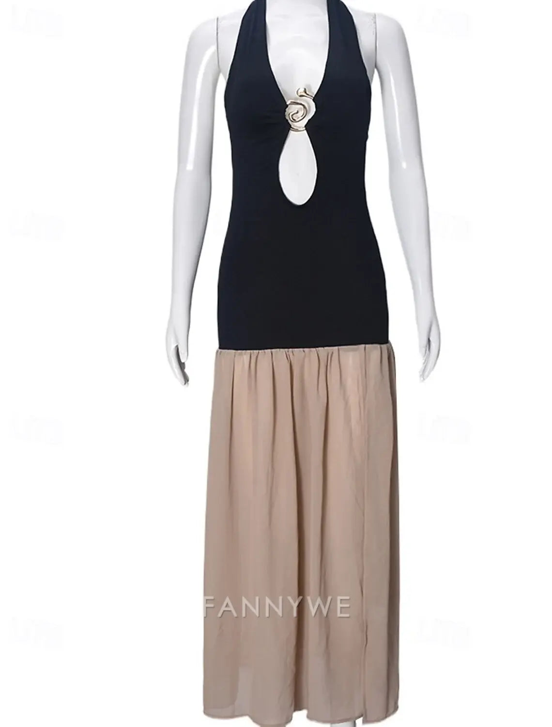 FannyWe Simple Women's Long Dress Maxi Dress Prom Dress Party Dress Fashion Party Special Occasion Evening Party Regular Fit Color Block Sleeveless Deep V Black Brown Summer