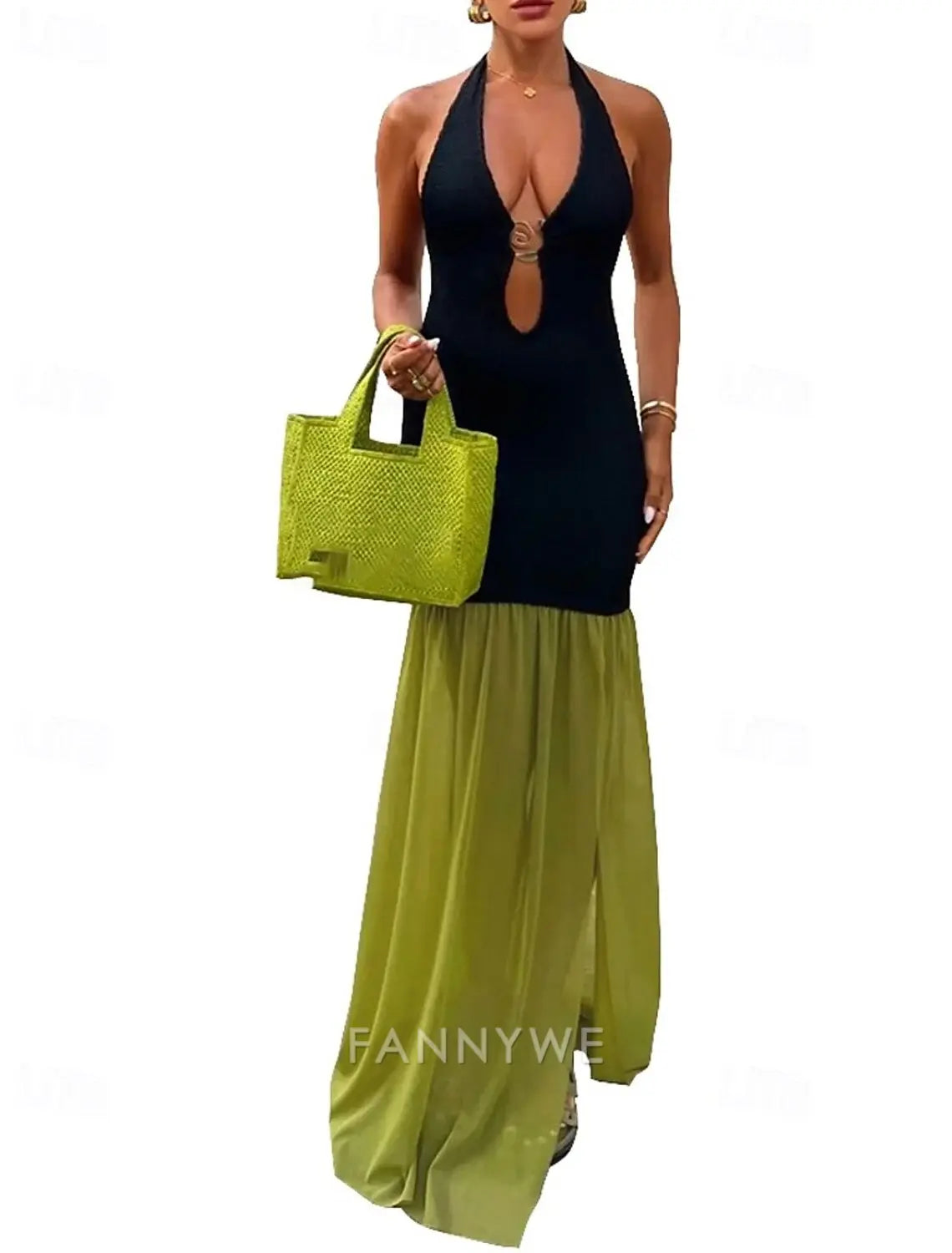 FannyWe Simple Women's Long Dress Maxi Dress Prom Dress Party Dress Fashion Party Special Occasion Evening Party Regular Fit Color Block Sleeveless Deep V Black Brown Summer