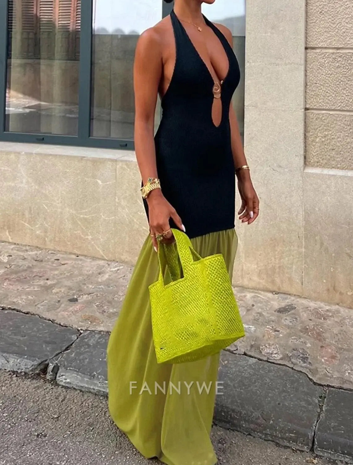 FannyWe Simple Women's Long Dress Maxi Dress Prom Dress Party Dress Fashion Party Special Occasion Evening Party Regular Fit Color Block Sleeveless Deep V Black Brown Summer