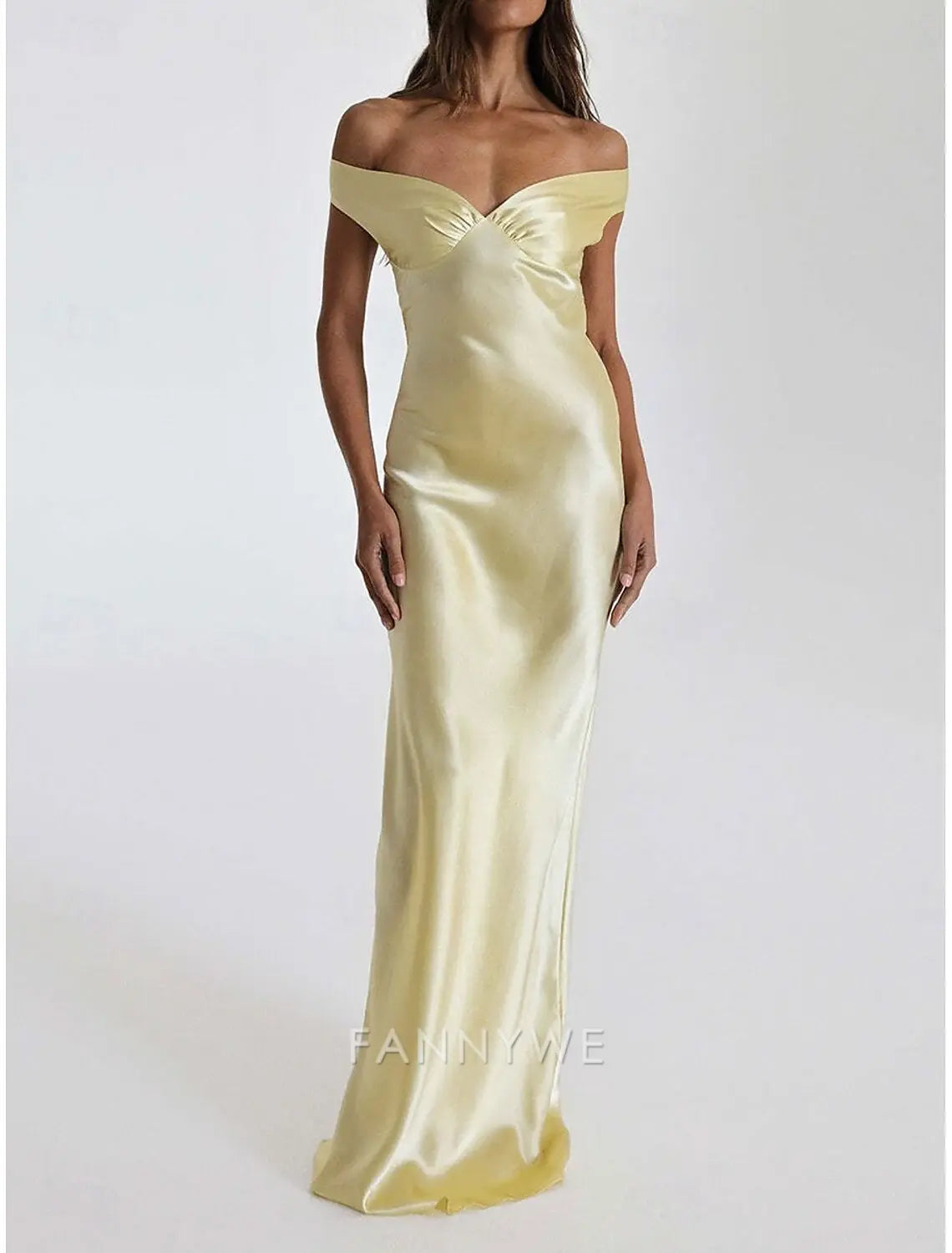 FannyWe Simple Yellow Dress Mermaid / Trumpet Party Dresses Elegant Dress Wedding Wedding Guest Floor Length Sleeveless Off Shoulder Backless with Ruched