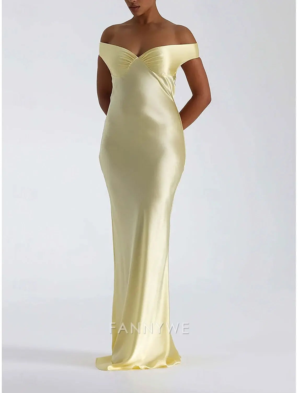 FannyWe Simple Yellow Dress Mermaid / Trumpet Party Dresses Elegant Dress Wedding Wedding Guest Floor Length Sleeveless Off Shoulder Backless with Ruched