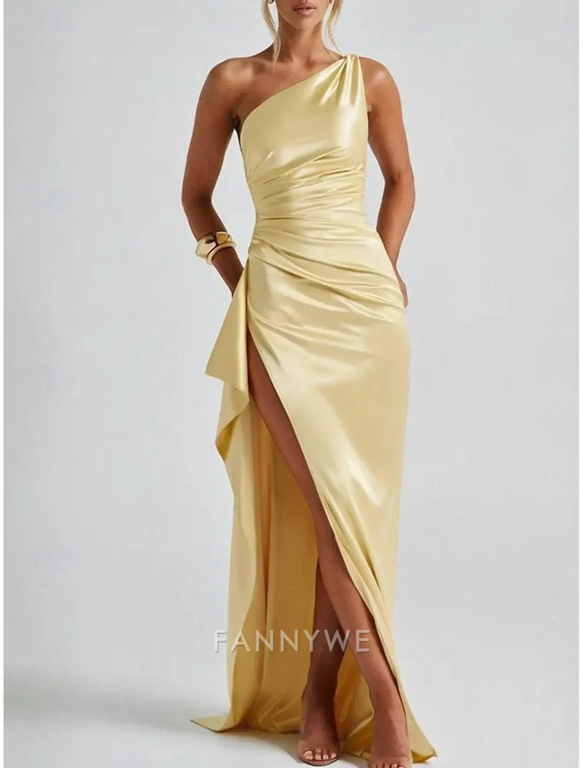 FannyWe Simple Yellow Mermaid / Trumpet Party Dresses Elegant Dress Wedding Wedding Guest Floor Length Sleeveless One Shoulder Satin with Ruched Details