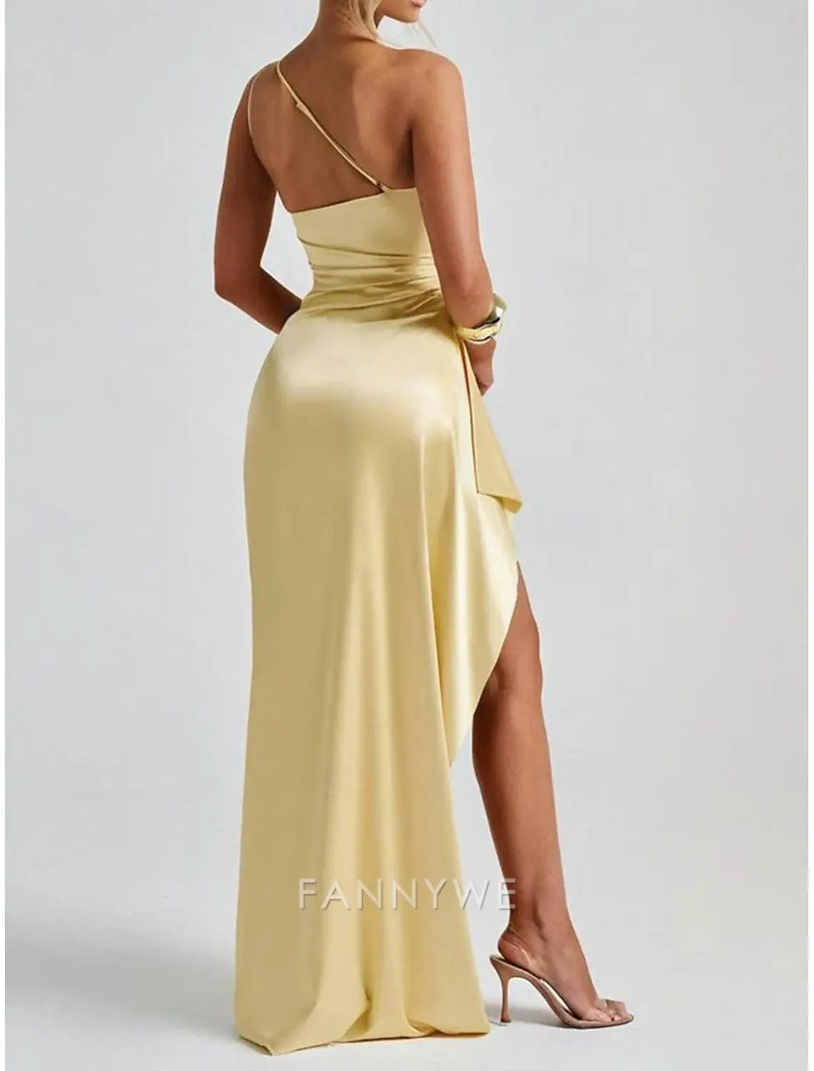 FannyWe Simple Yellow Mermaid / Trumpet Party Dresses Elegant Dress Wedding Wedding Guest Floor Length Sleeveless One Shoulder Satin with Ruched Details