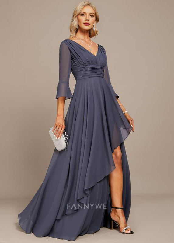 Fashion A-Line V Neck 3/4 Sleeve V back Floor-Length Side Slit Mother of the Bride Dress