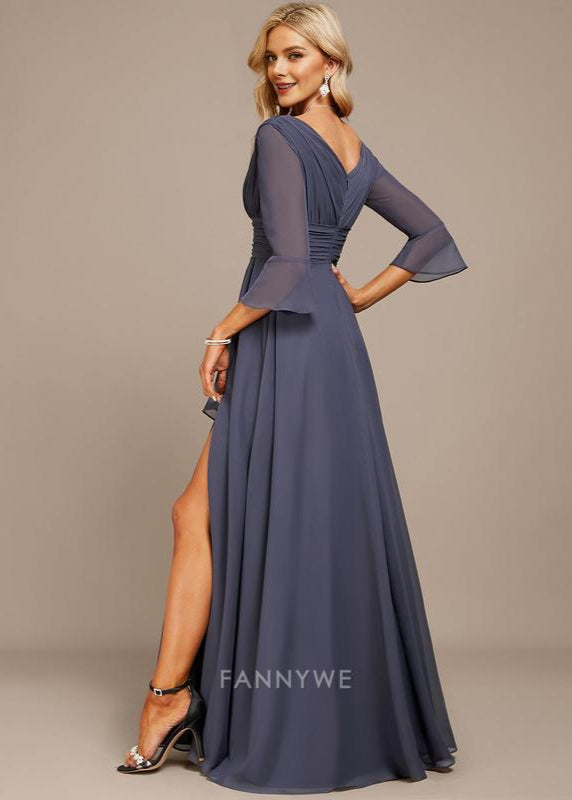 Fashion A-Line V Neck 3/4 Sleeve V back Floor-Length Side Slit Mother of the Bride Dress