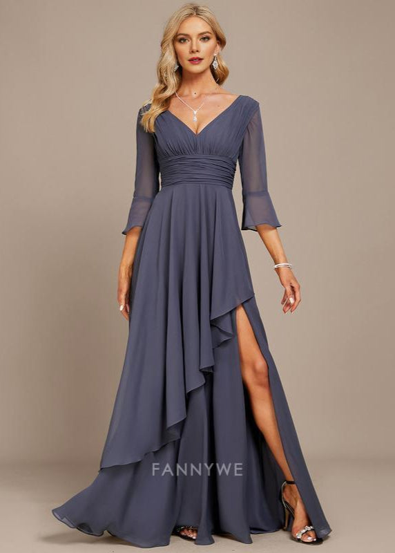 Fashion A-Line V Neck 3/4 Sleeve V back Floor-Length Side Slit Mother of the Bride Dress