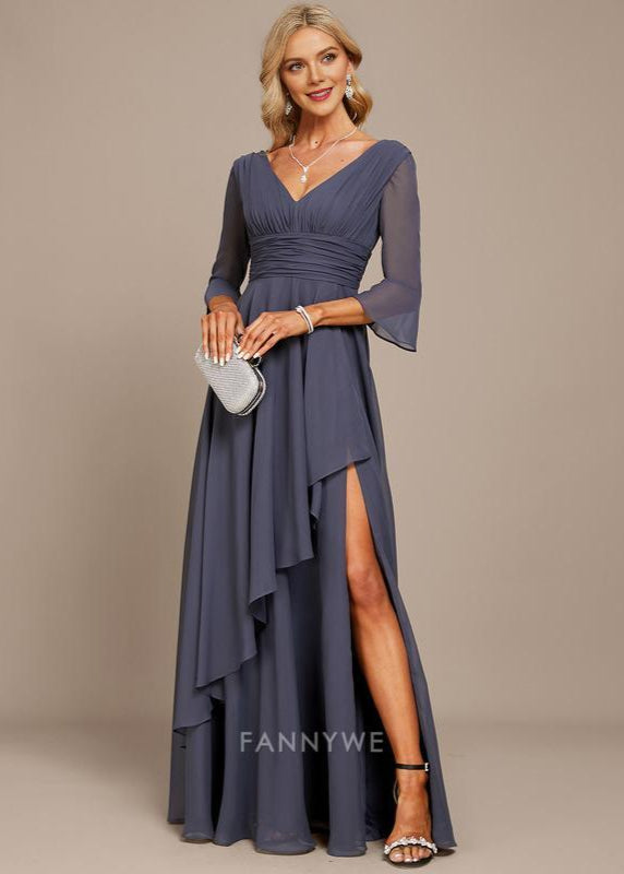 Fashion A-Line V Neck 3/4 Sleeve V back Floor-Length Side Slit Mother of the Bride Dress