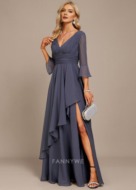 Fashion A-Line V Neck 3/4 Sleeve V back Floor-Length Side Slit Mother of the Bride Dress