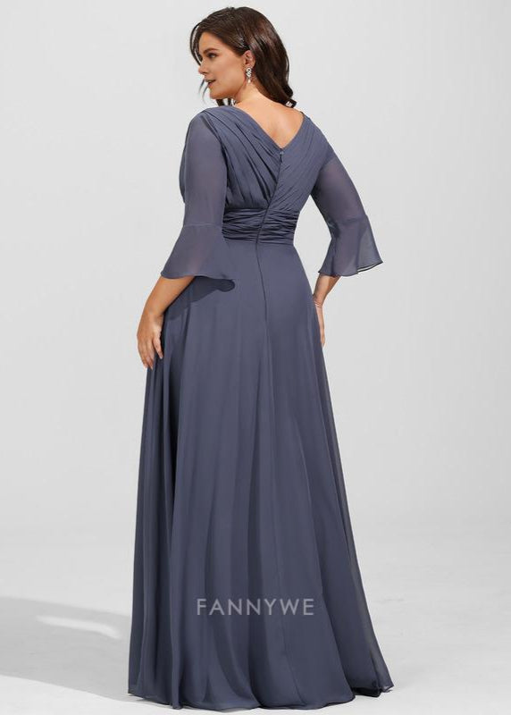 Fashion plus size A-Line V Neck 3/4 Sleeve V back Floor-Length Side Slit Mother of the Bride Dress