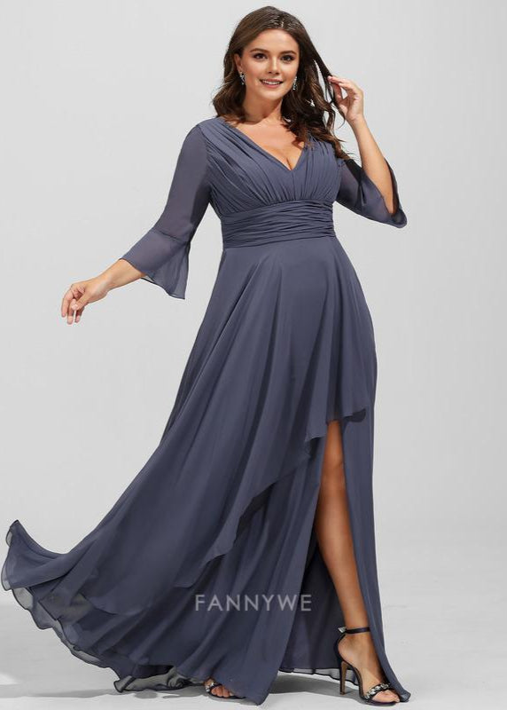 Fashion plus size A-Line V Neck 3/4 Sleeve V back Floor-Length Side Slit Mother of the Bride Dress