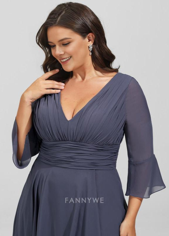Fashion plus size A-Line V Neck 3/4 Sleeve V back Floor-Length Side Slit Mother of the Bride Dress
