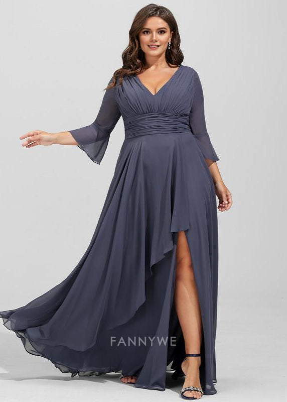 Fashion plus size A-Line V Neck 3/4 Sleeve V back Floor-Length Side Slit Mother of the Bride Dress