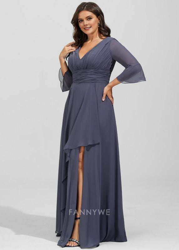 Fashion plus size A-Line V Neck 3/4 Sleeve V back Floor-Length Side Slit Mother of the Bride Dress