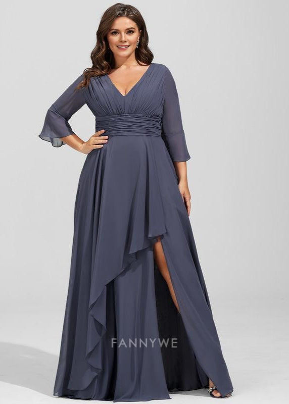Fashion plus size A-Line V Neck 3/4 Sleeve V back Floor-Length Side Slit Mother of the Bride Dress