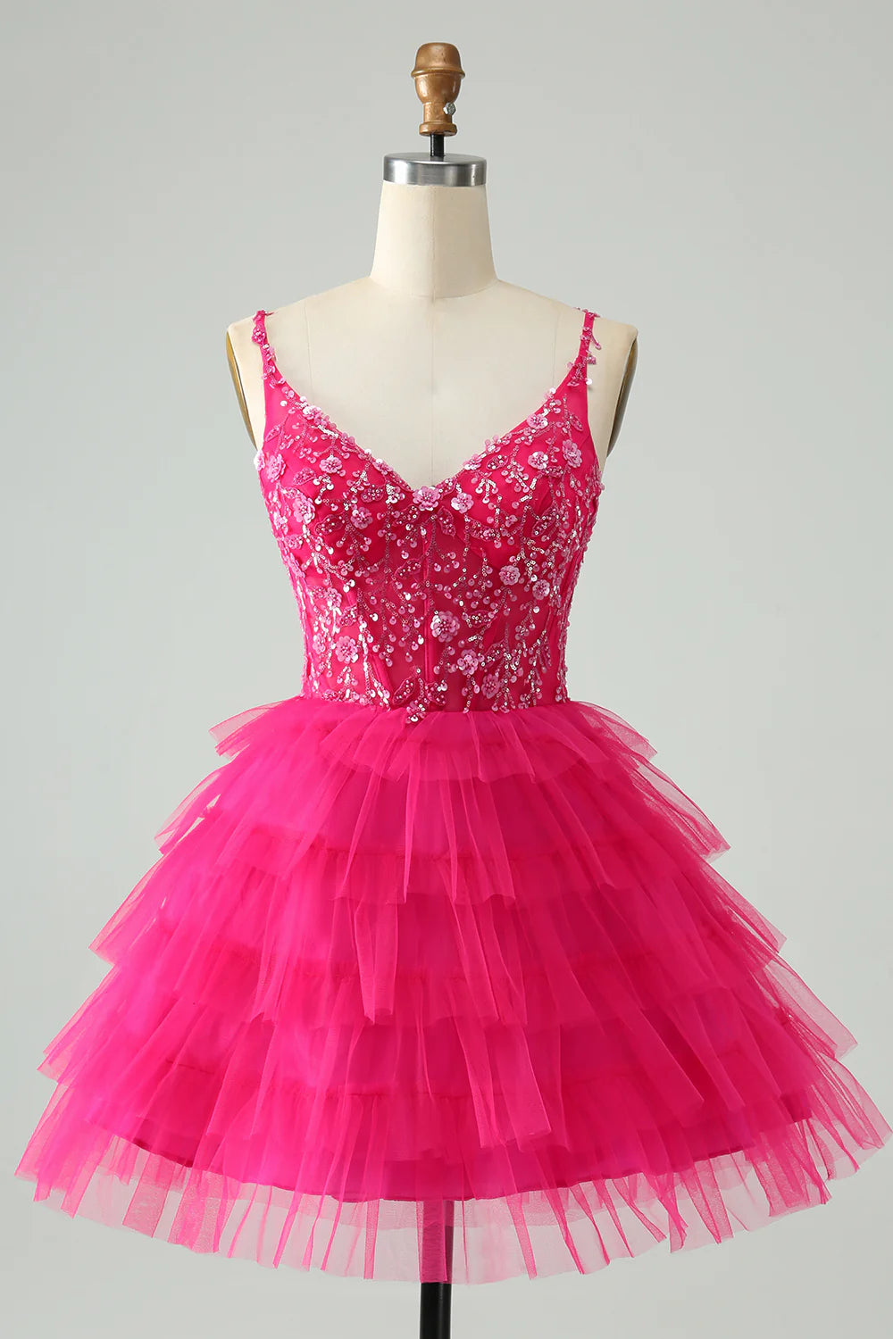 A Line Spaghetti Straps Tulle Tiered Short Homecoming Dress