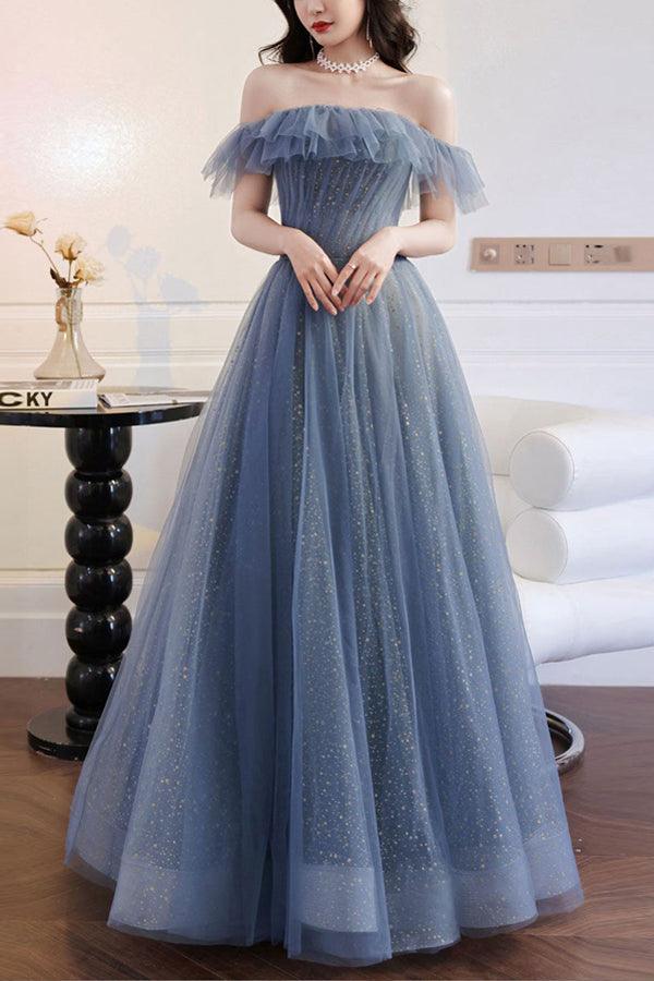 A-line Off The Shoulder Tulle Long Prom Dress