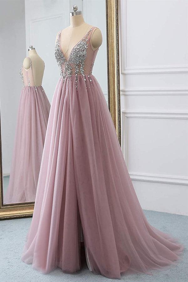 A Line Sparkly V Neck Tulle Long Prom Dress