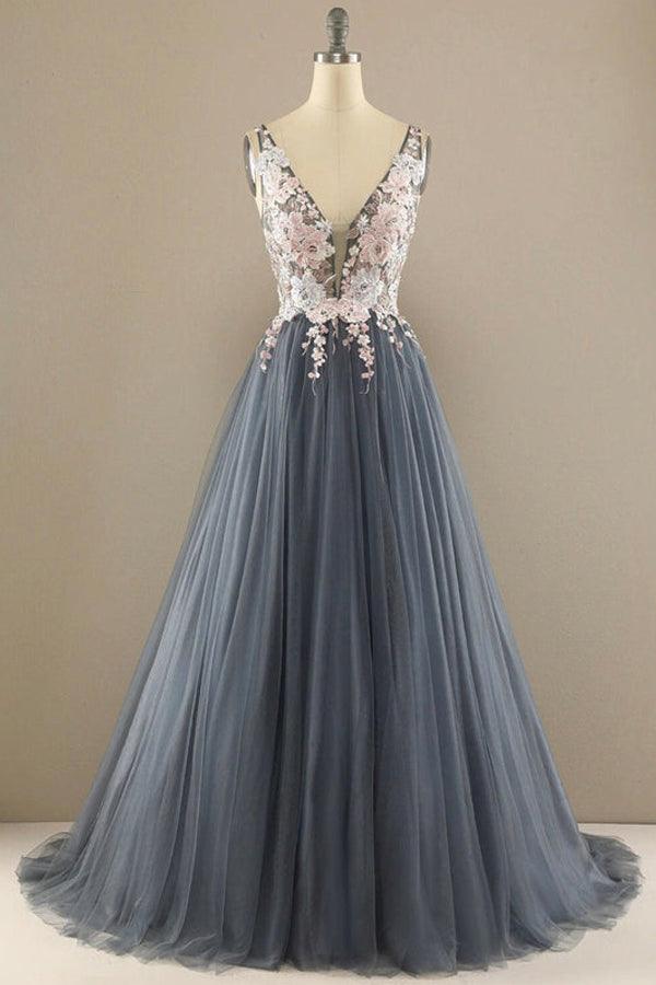A line V Neck Tulle Lace Prom Dress