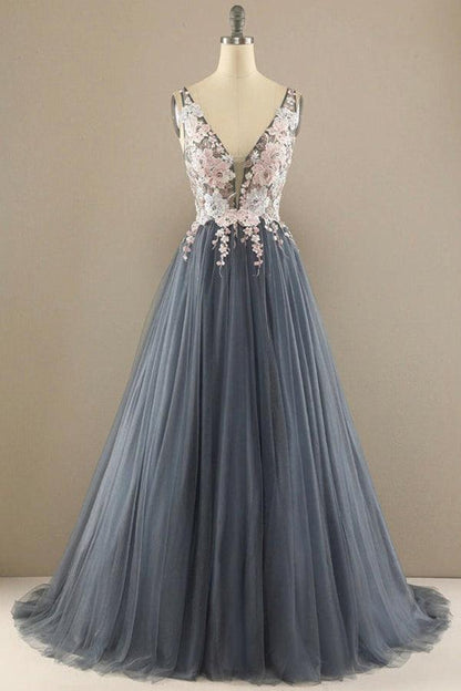 A line V Neck Tulle Lace Prom Dress